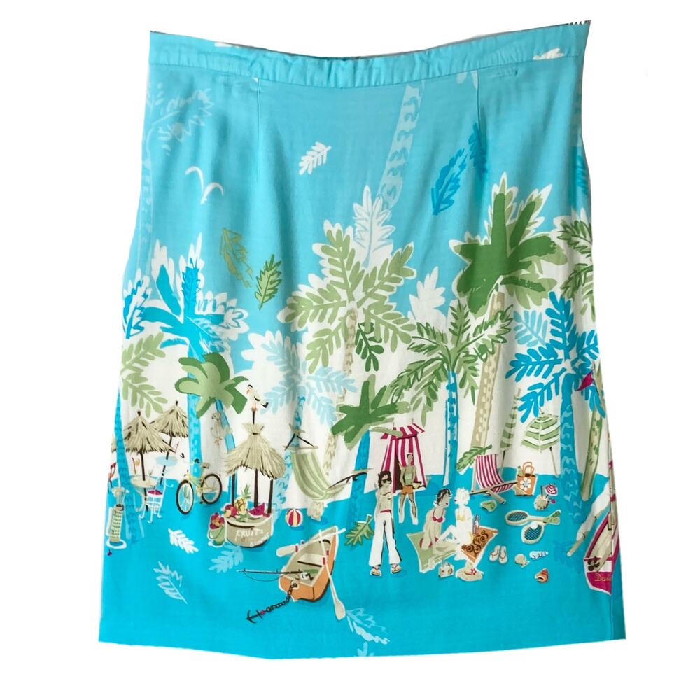 NWOT K PETITE Skirt 12P Tropical People Blue Slit Elastic Waist Multi Knee Zip